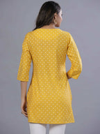 Juniper Women Yellow Muslin Printed High-Low Straight Tunic With Embroidered Yoke | Grocsy
