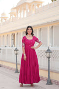 Vastranavya Premium Designer Faux Blooming with Embroidery Zari Sequins work Gown - Pink | Grocsy