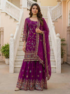 Teeya Creation Wine Faux Georgette Multi Thread Work Wedding Wear Sharara Set | Grocsy