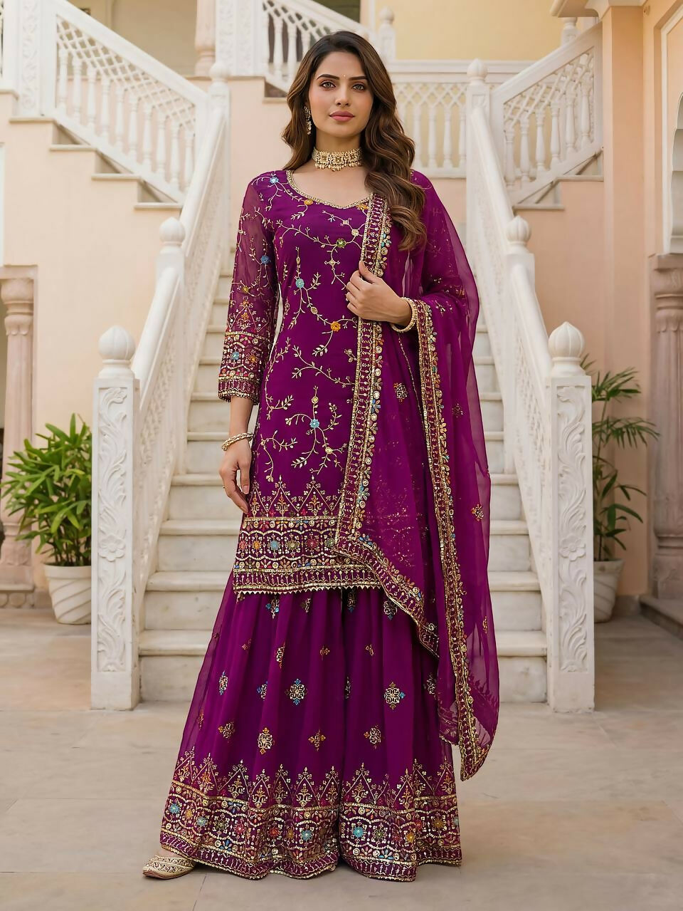 Teeya Creation Wine Faux Georgette Multi Thread Work Wedding Wear Sharara Set | Grocsy
