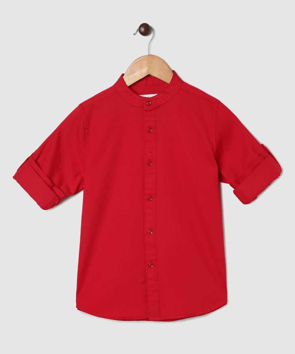 Manet Boys Mandarin Collar Full Sleeves Melange Shirt - Red | Grocsy