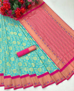 DEIANA'S Beautiful Designer Golden zari Soft Lichi Silk Saree - Sky | Grocsy