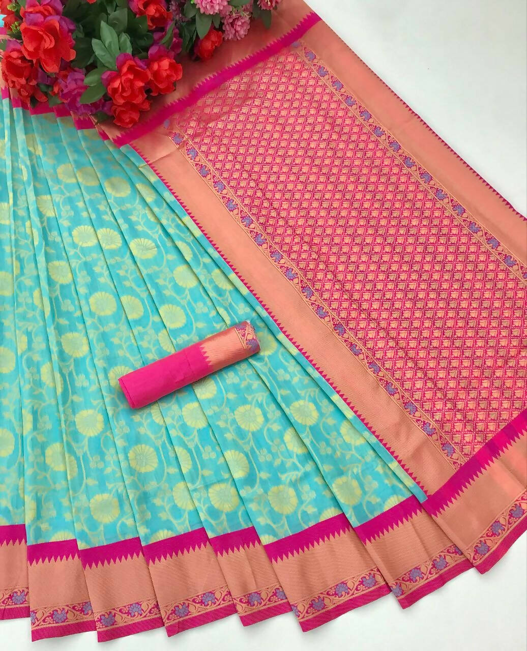 DEIANA'S Beautiful Designer Golden zari Soft Lichi Silk Saree - Sky | Grocsy