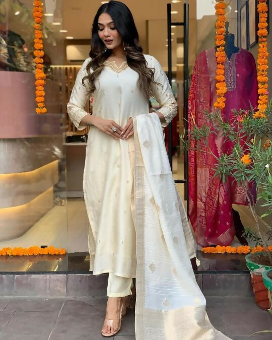 The52 White Beautiful Embroidered Viscose Chanderi Fabric Straight Kurta Pant with Dupatta Set | Grocsy