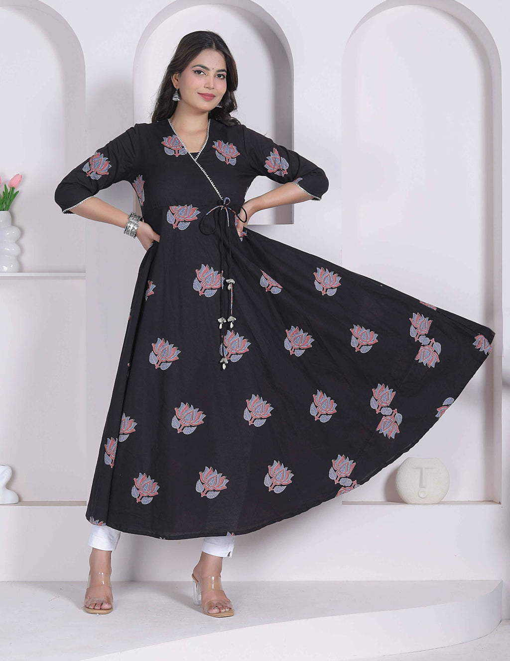 Miravan Womens Cotton Floral Print Anarkali Kurta-Black | Grocsy