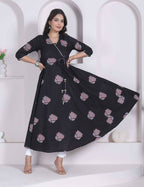 Miravan Womens Cotton Floral Print Anarkali Kurta-Black | Grocsy