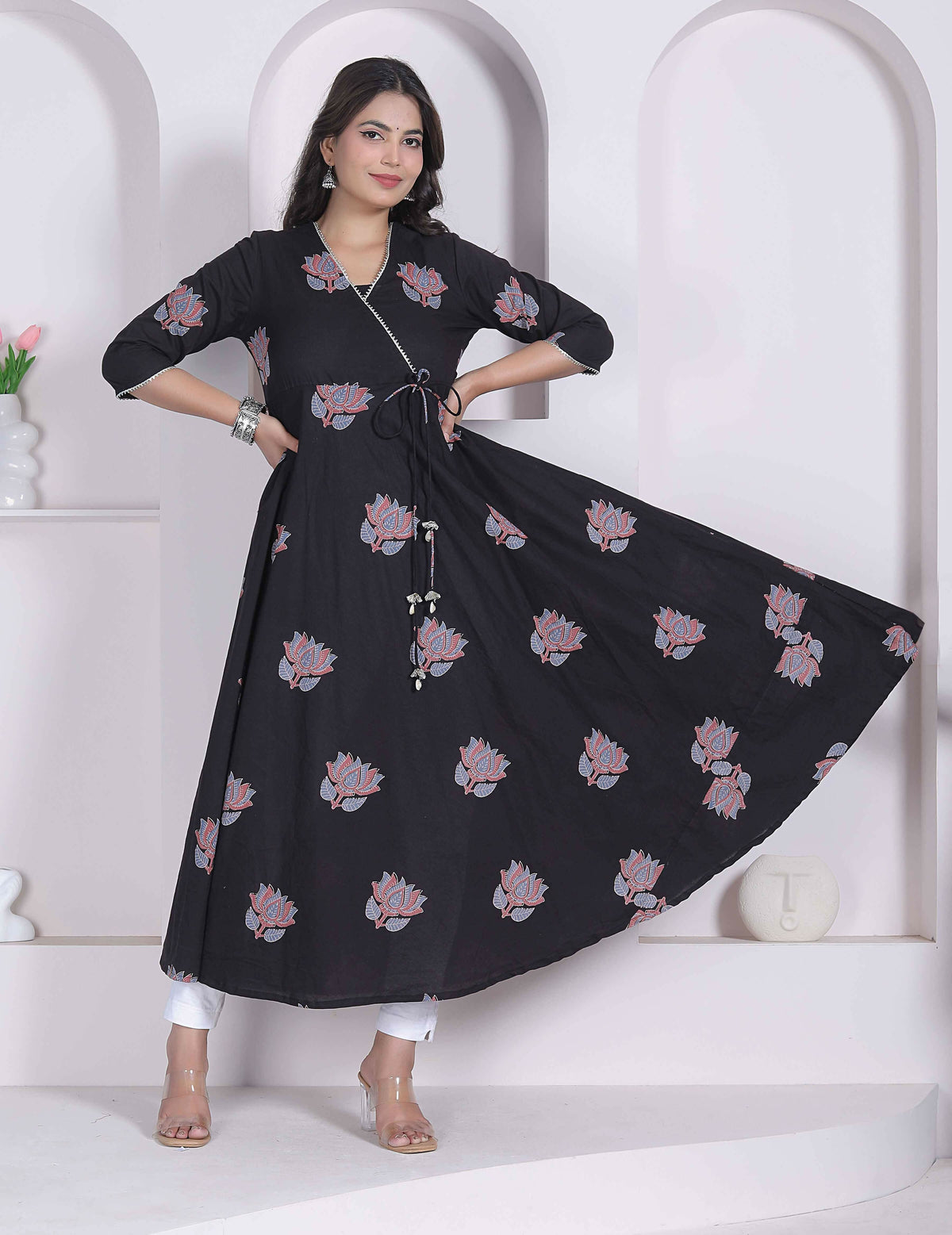 Miravan Womens Cotton Floral Print Anarkali Kurta-Black | Grocsy
