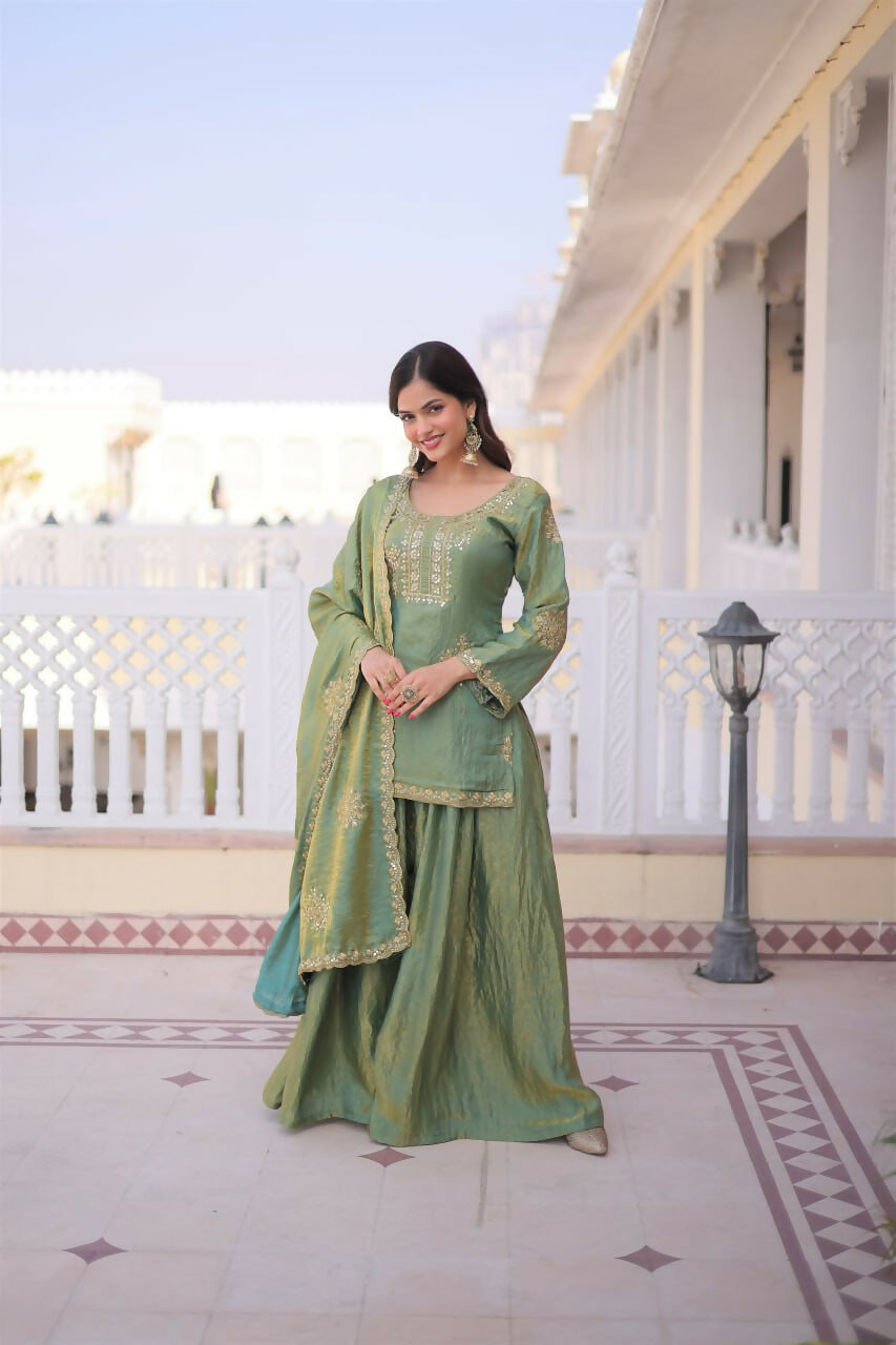 Teeya Creation Womens New Stylish Fendi Crush With Zari Sequins Embroidered Work Kurta Set | Grocsy