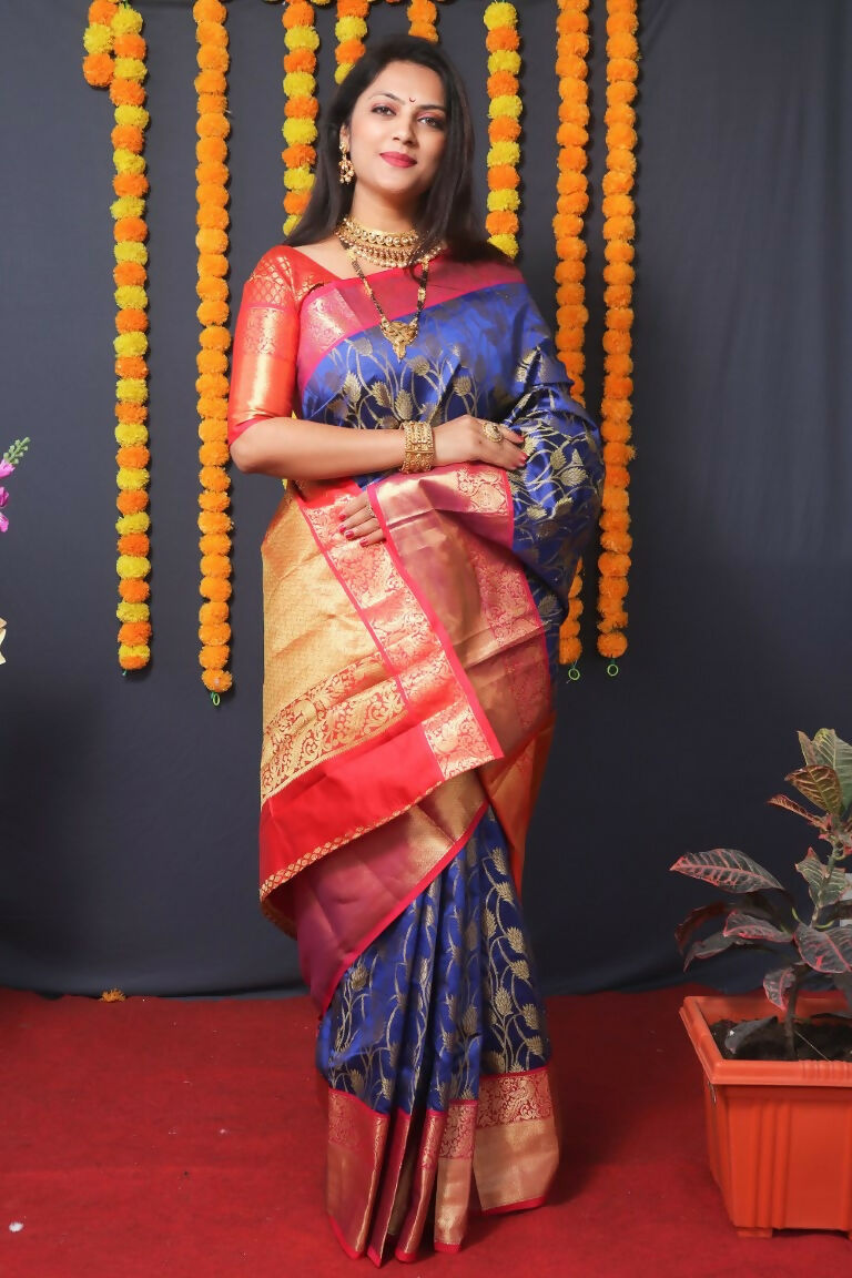 Jyoti Fashion Women's Blue Kanjivaram Silk Zari Woven Saree with Blouse | Grocsy