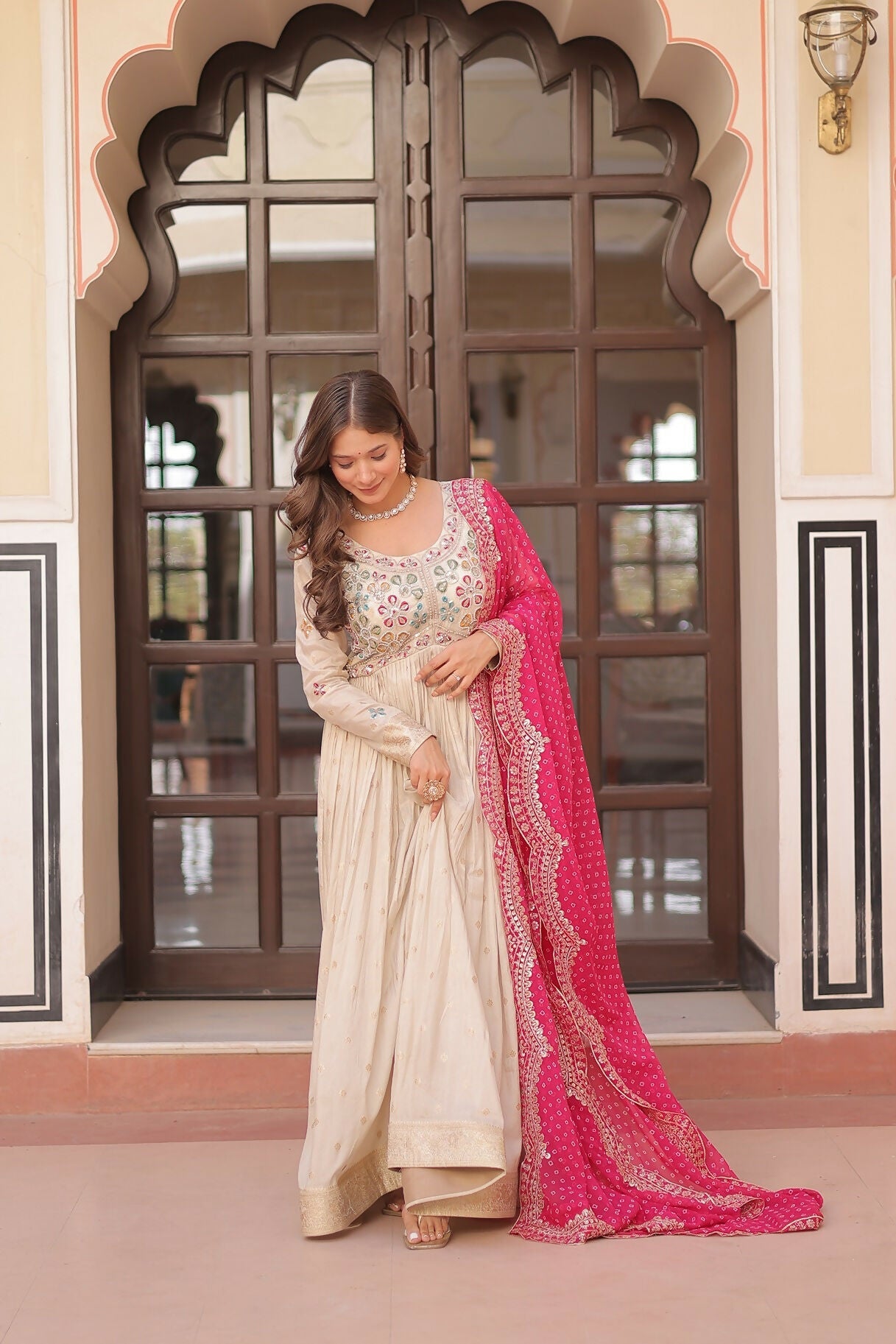 Joban Fashion Pink Jacquard Sequence Embroidery Work Kurta Set | Grocsy
