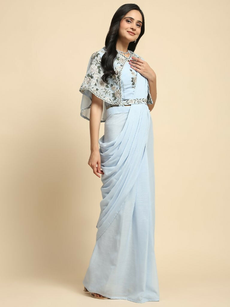 Blue Chiffon Solid Ready to wear Saree with stitched Blouse - Aayan | Grocsy