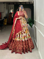 Vastranavya Exquisite Tussar Silk Lehenga Set With Perfect Floral And Patola Print Design Lehenga Choli - Red | Grocsy