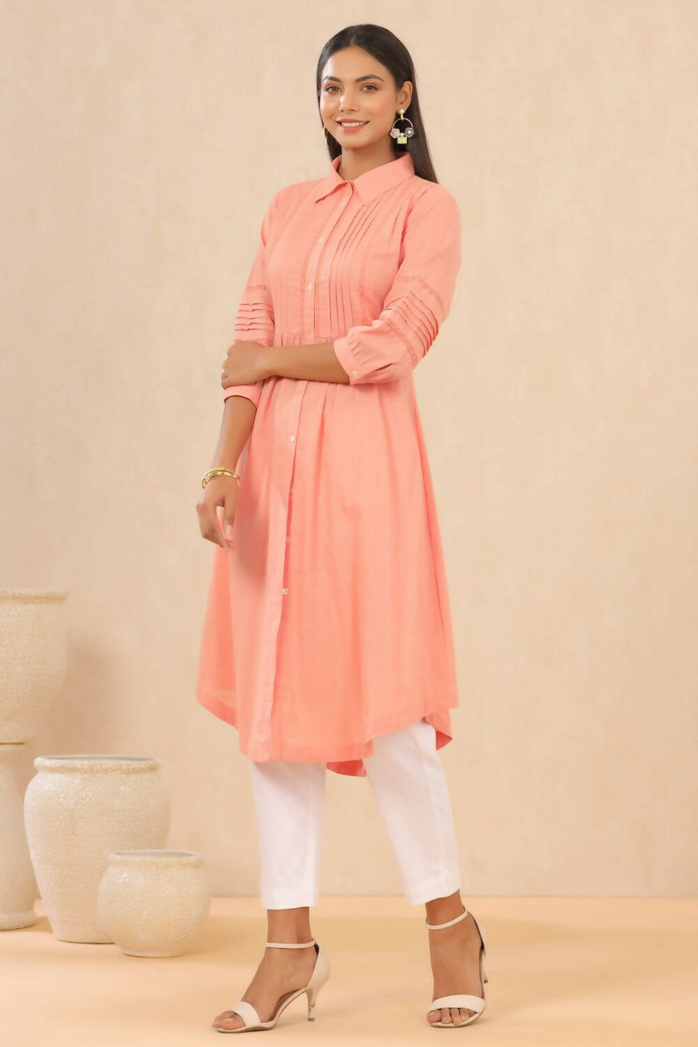 Juniper Womens Blush Pink Cotton Slub Solid Mid Length Shirt Dress With Lace Detailing | Grocsy