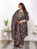 Miravan Women's Plus Size Multi Colour Floral Printed Embroidery Yoke Design Kurta with Palazzo And Dupatta Set | Grocsy