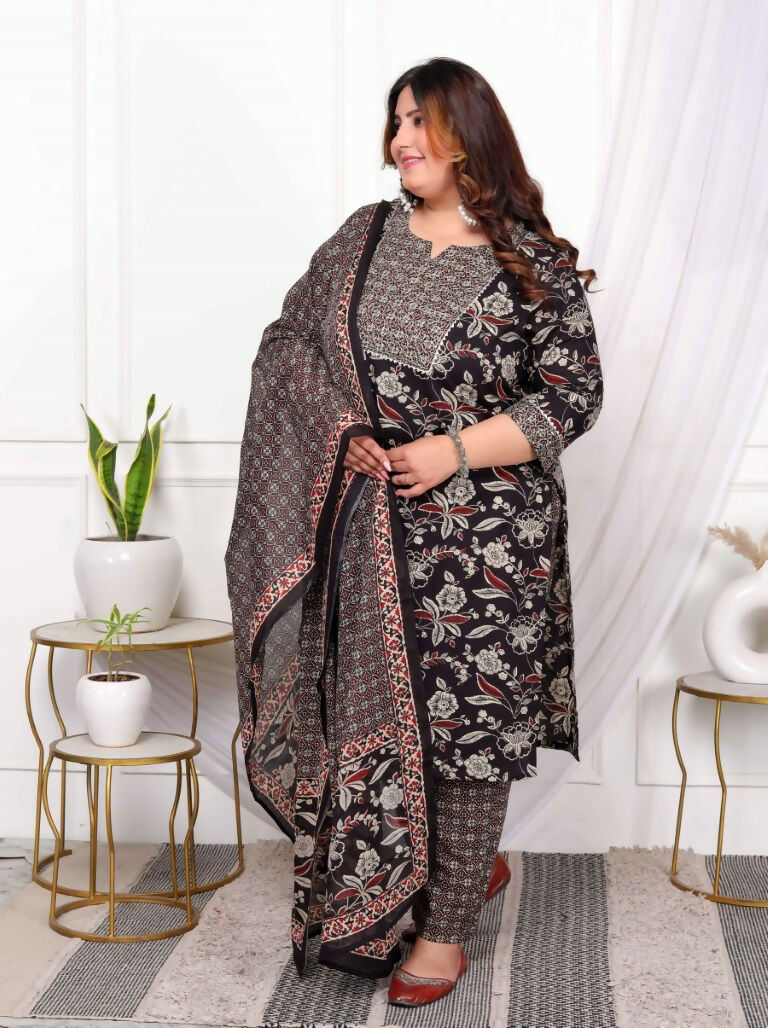 Miravan Women's Plus Size Multi Colour Floral Printed Embroidery Yoke Design Kurta with Palazzo And Dupatta Set | Grocsy