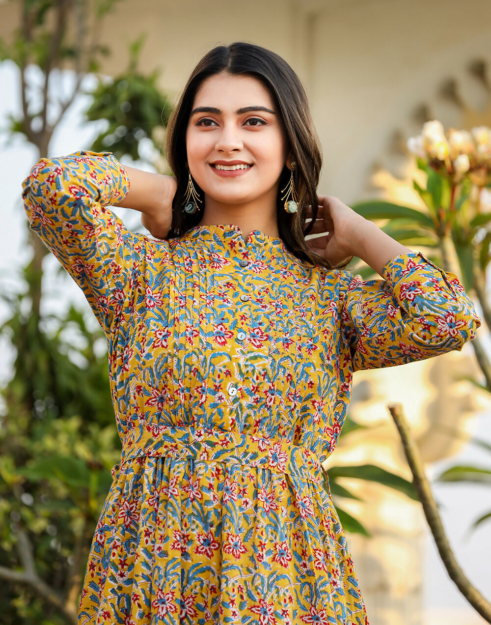 Kaajh Women's Yellow Floral Handblock Print Cotton Dress | Grocsy