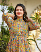 Kaajh Women's Yellow Floral Handblock Print Cotton Dress | Grocsy