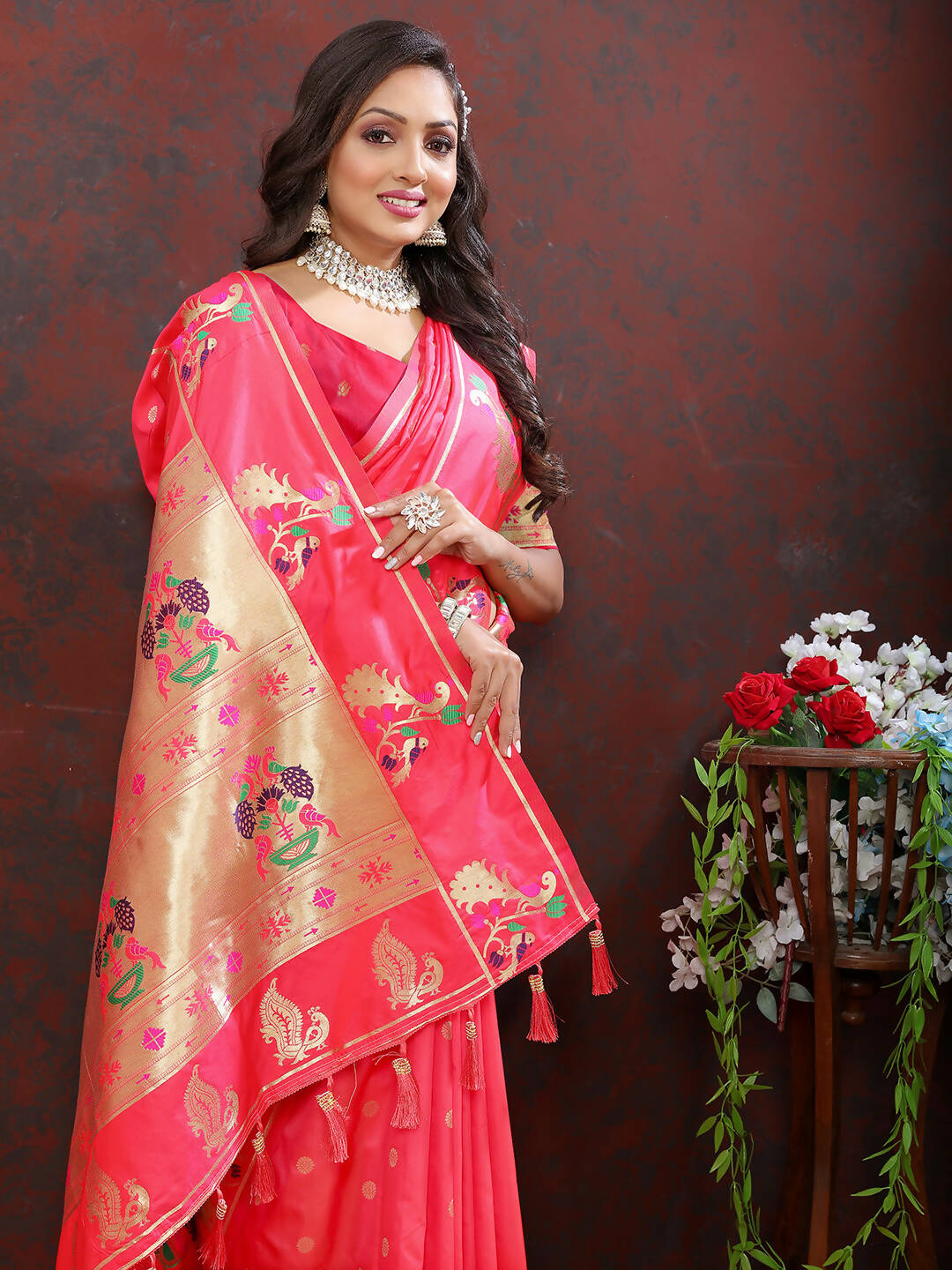 Lorenvalley Fashion Peach Soft Paithani Silk Woven Design Gold Zari Meenakari Weaving Saree | Grocsy