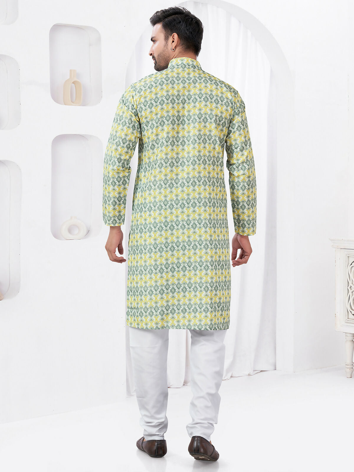 Joban Fashion Men's Rayon Cotton YELLOW Printed Kurta Pyjama set | Grocsy