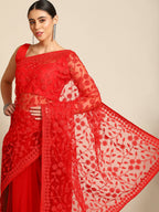 Red Woven Design Net Saree with Blouse Piece - Kalamkari | Grocsy