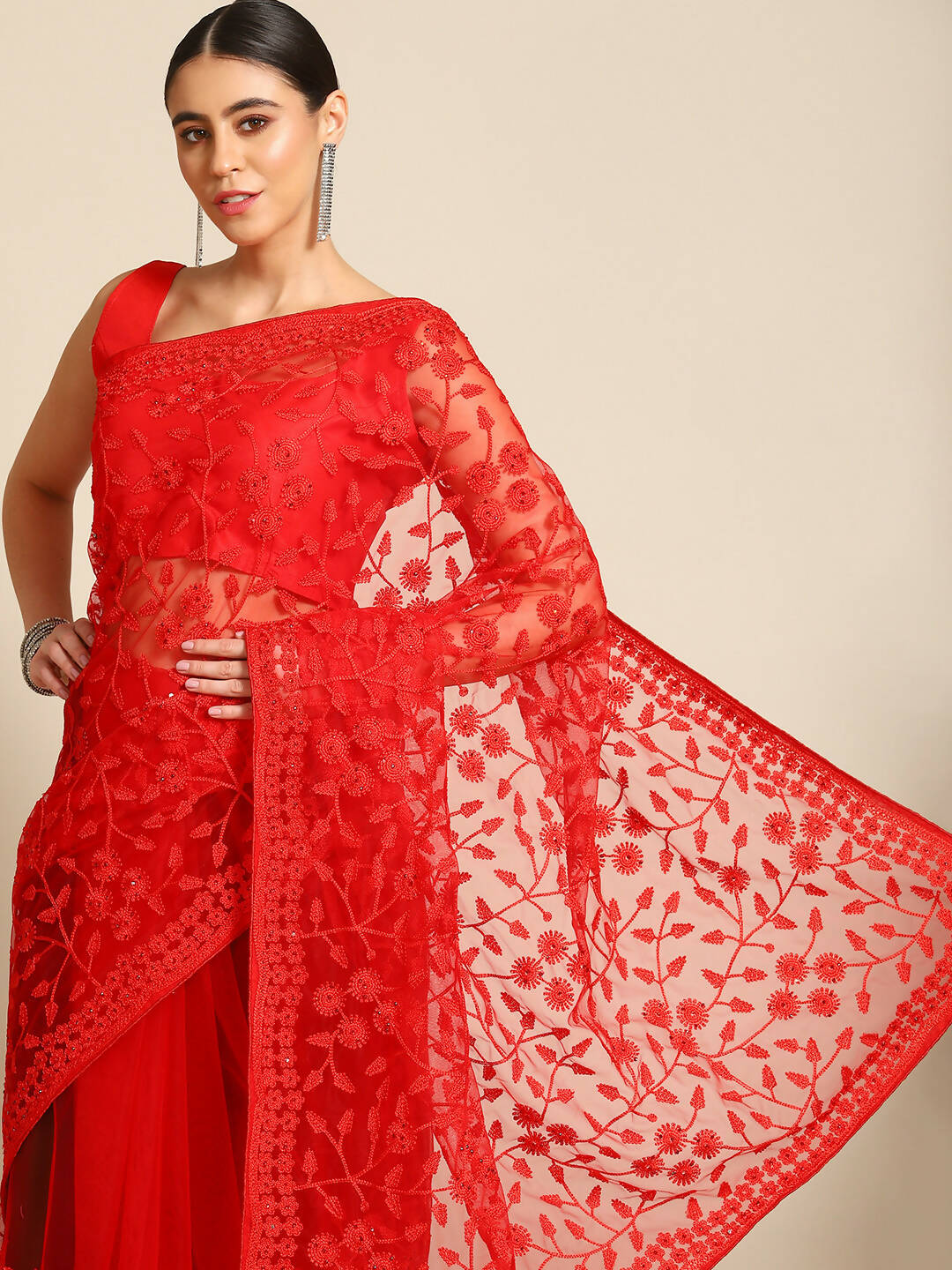 Red Woven Design Net Saree with Blouse Piece - Kalamkari | Grocsy