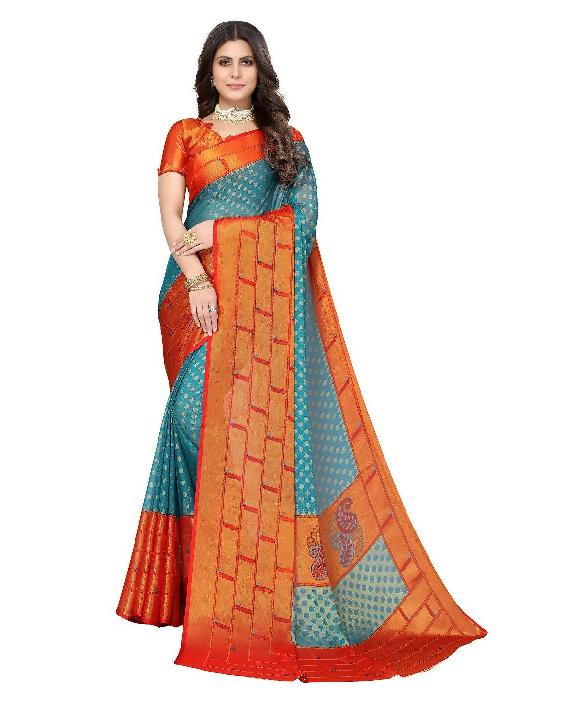 Vamika Sky Blue Chiffon Brasso Bollywood Style Woven Saree (DIMPLE SKY BLUE) | Grocsy