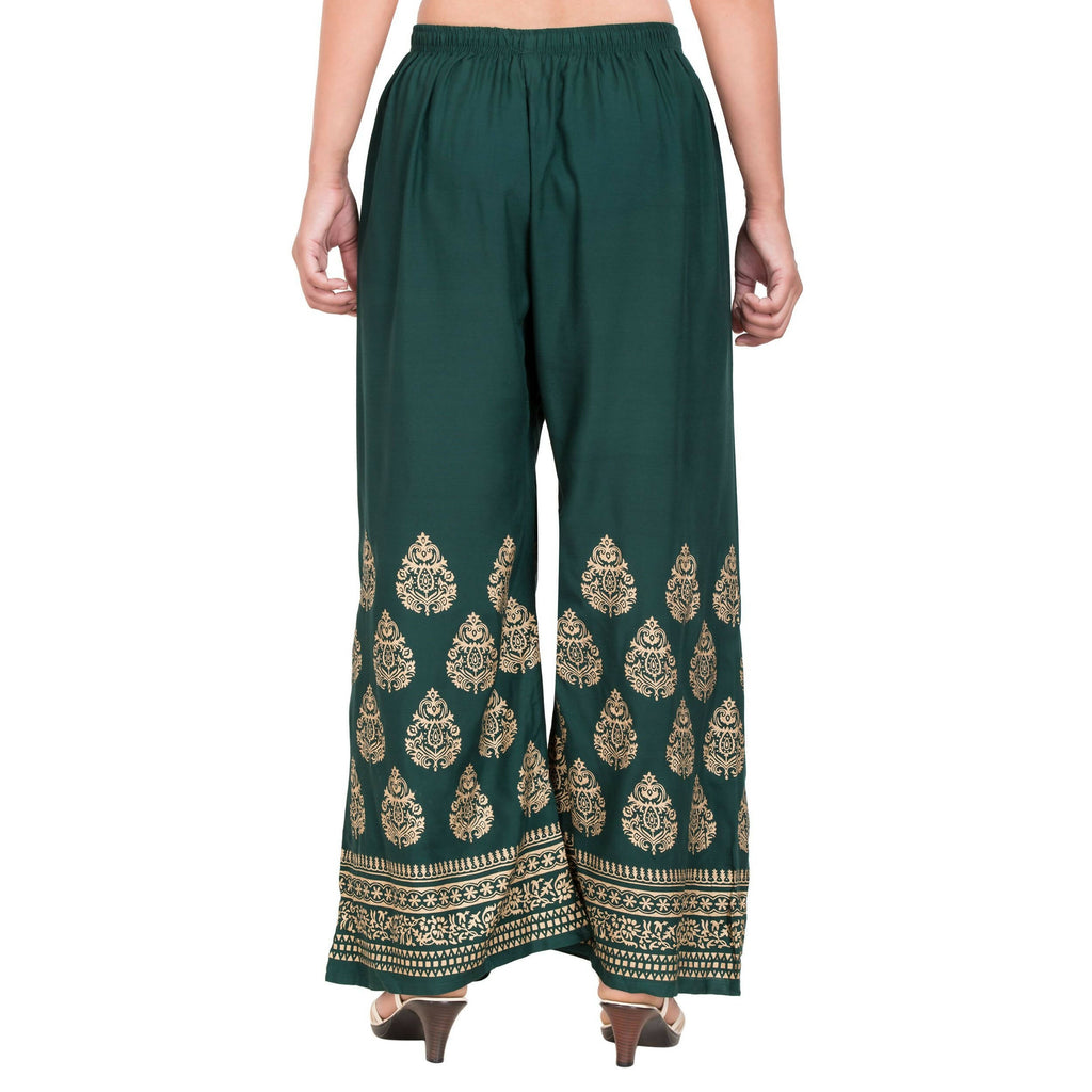 PAVONINE Bottle Green Color Golden Printed Rayon Fabric Sharara For Women & Girls | Grocsy