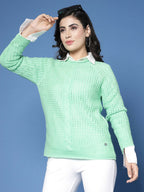 Women Green Acrylic Pointele Sweater - Wool Trees | Grocsy