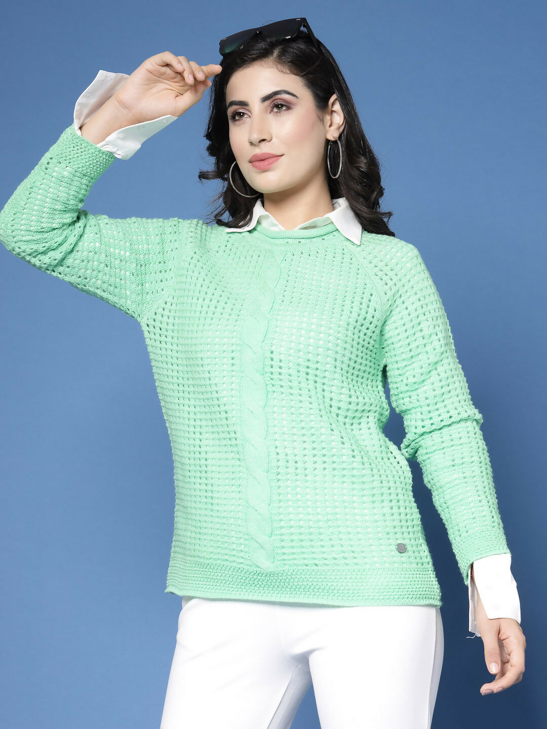 Women Green Acrylic Pointele Sweater - Wool Trees | Grocsy