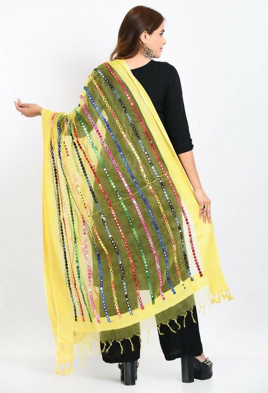 Mominos Fashion Moeza Women's Orgenza Multi Thread Mirror Work Lemon Yellow Dupatta | Grocsy