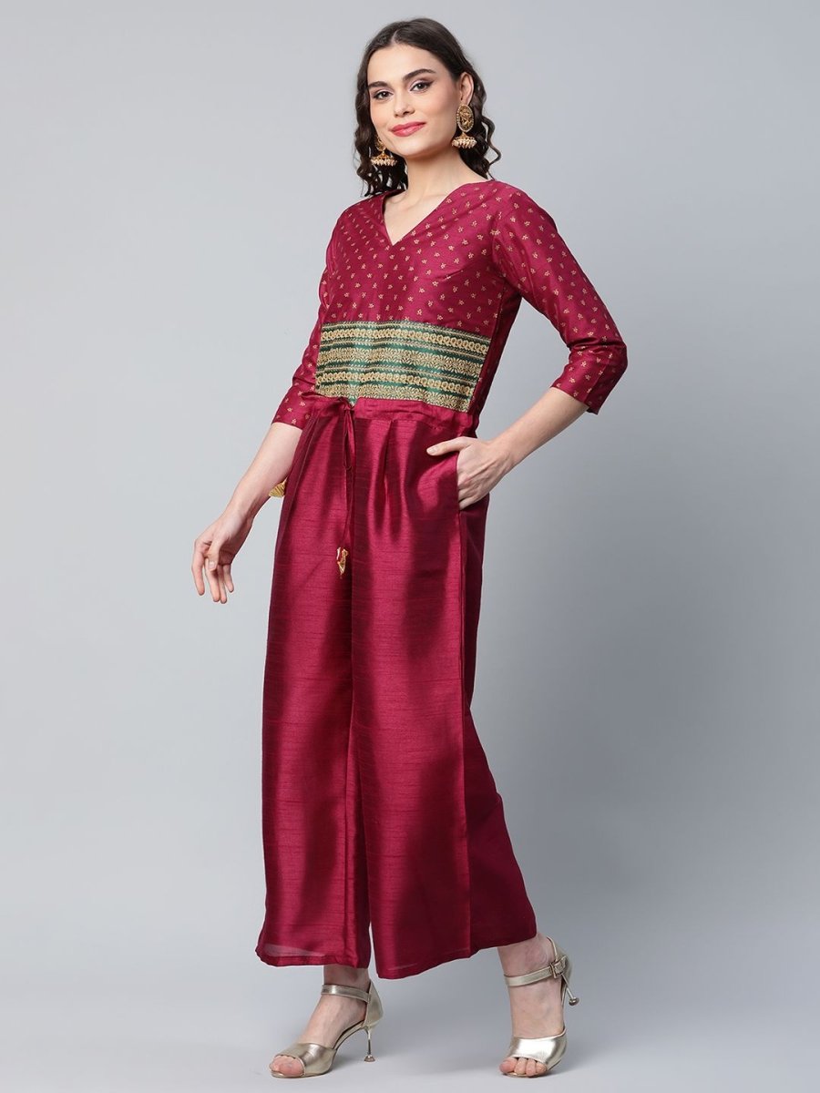 Ahalyaa Womens Burgundy crepe Printed Jumpsuit | Grocsy