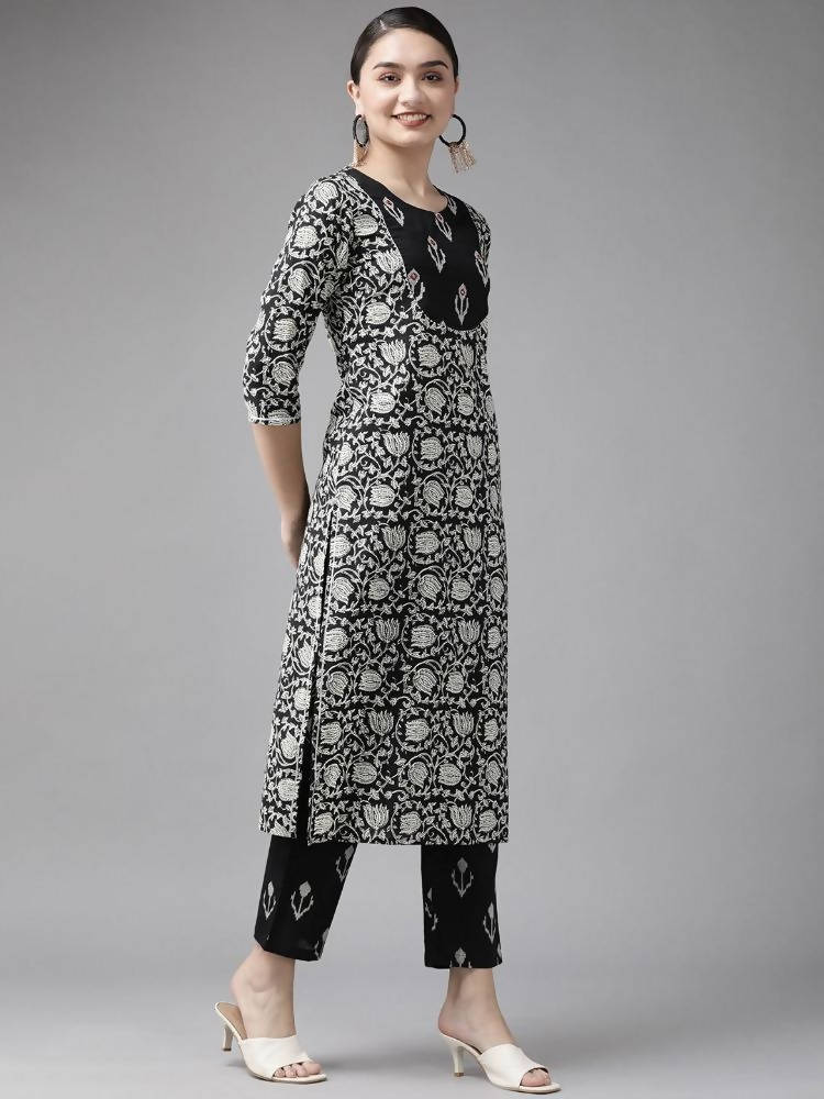 Yufta Black & Off-White Ethnic Screen Print Cotton Straight Kurta Palazzo & Dupatta | Grocsy