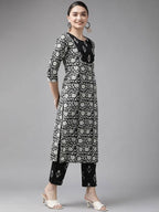 Yufta Black & Off-White Ethnic Screen Print Cotton Straight Kurta Palazzo & Dupatta | Grocsy