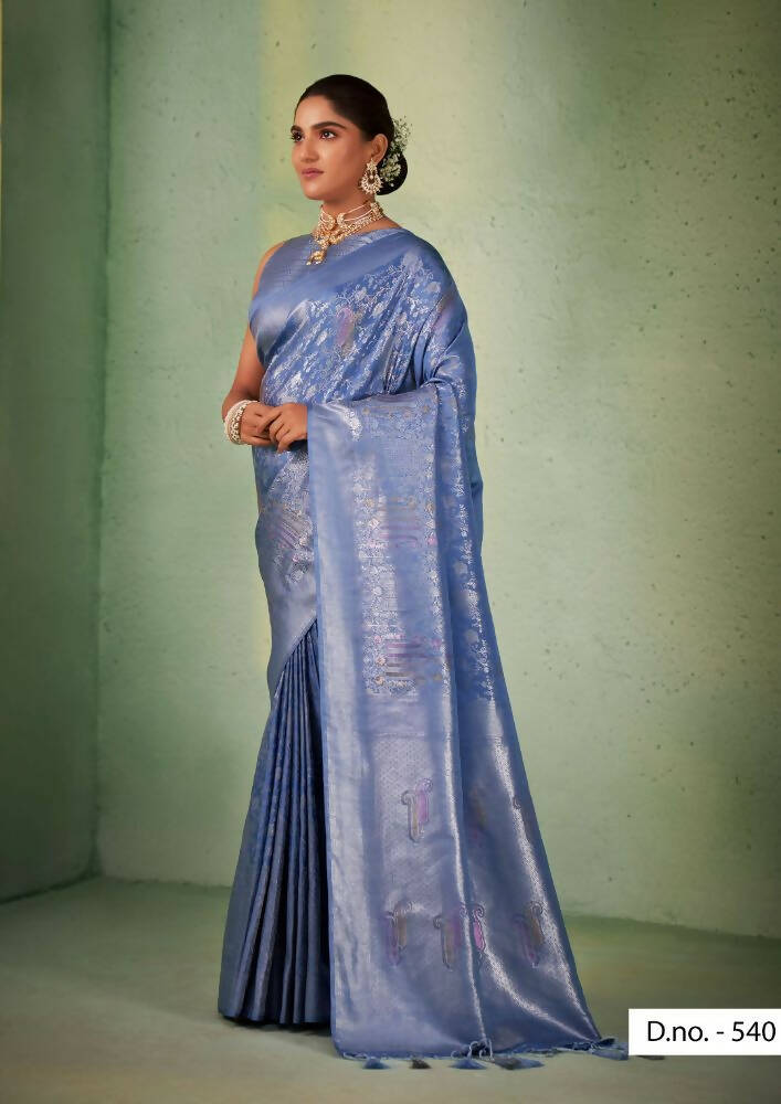 Charming Designer Greyish Blue Color Kanjivaram Silk Saree With Weaving Work - Yomika Fashions | Grocsy