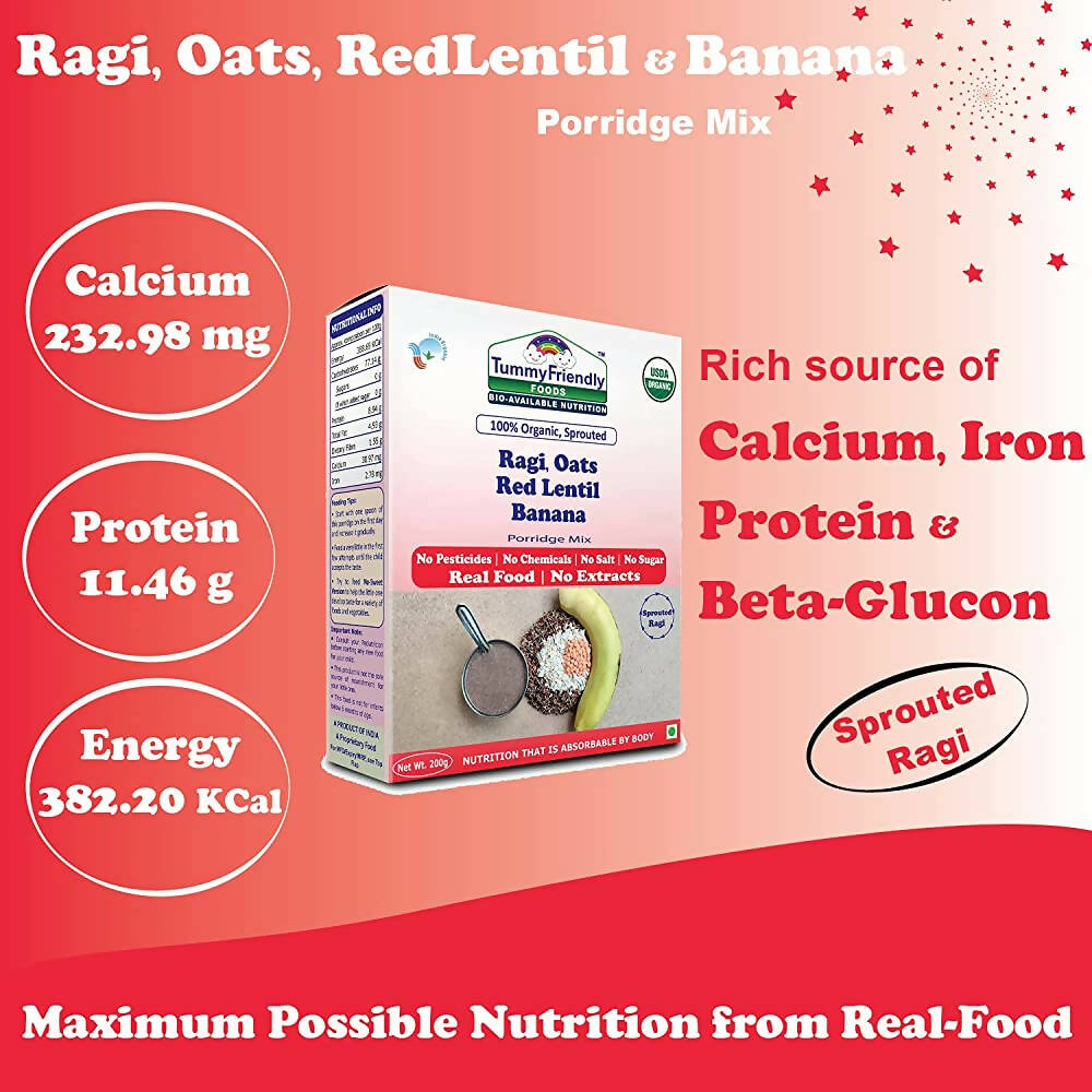 TummyFriendly Foods Organic Sprouted Ragi, Oats, Red Lentil, Banana Porridge Mix | Grocsy