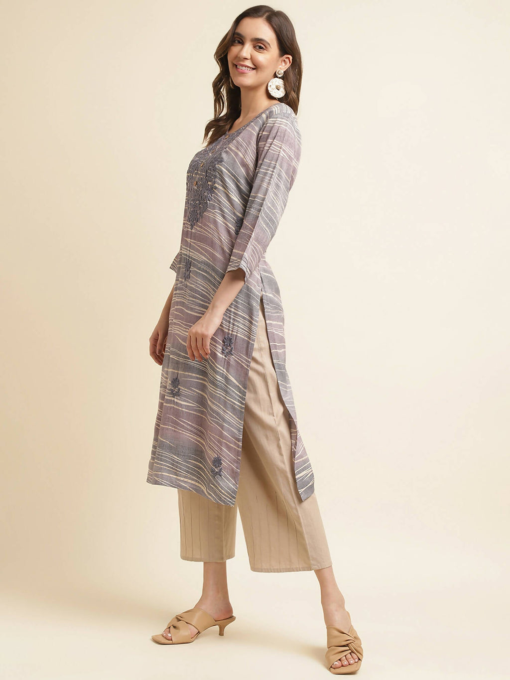 Grey Poly Rayon Stripe Printed Straight Fit Kurta - Prasuti | Grocsy