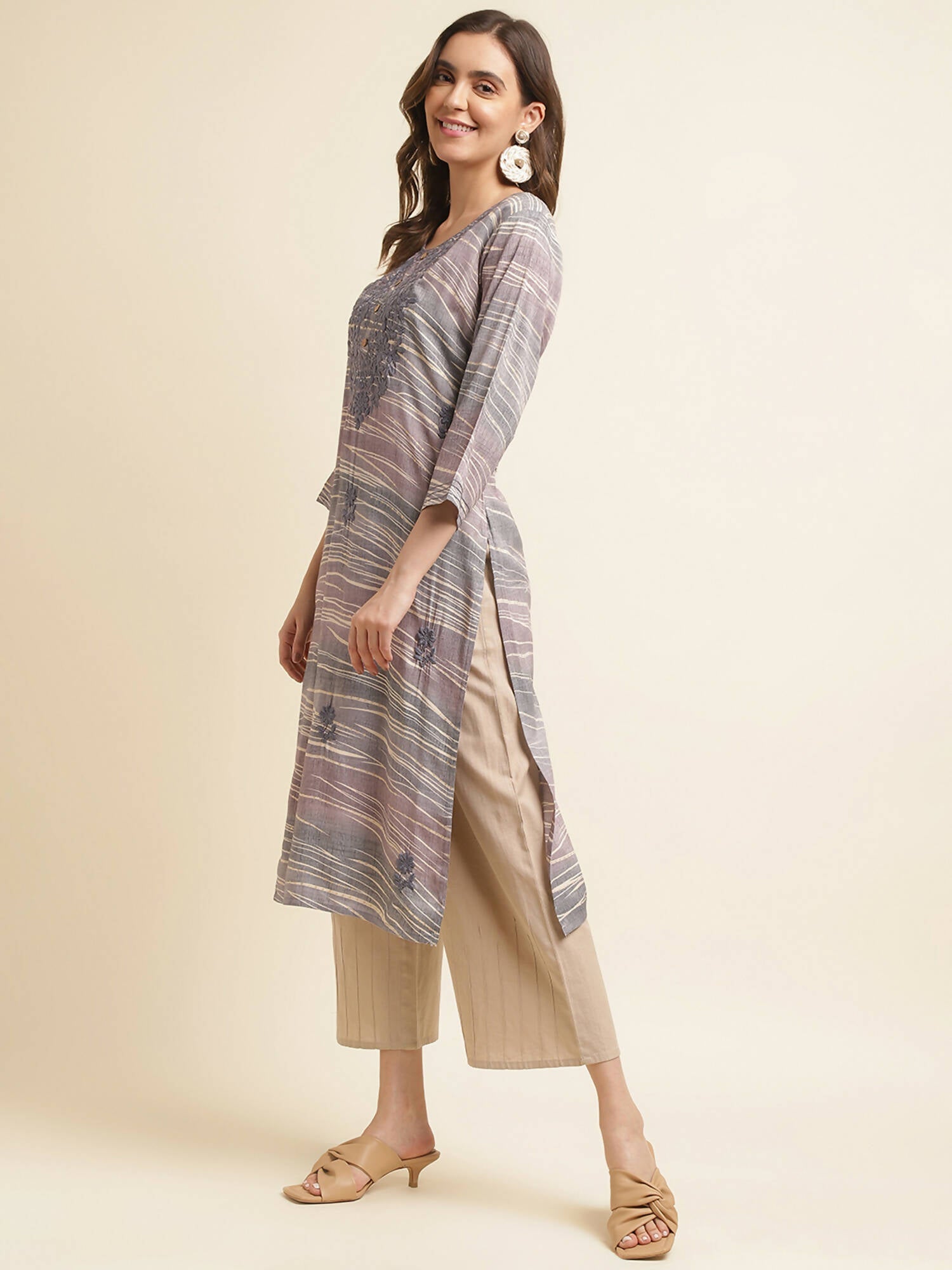 Grey Poly Rayon Stripe Printed Straight Fit Kurta - Prasuti | Grocsy