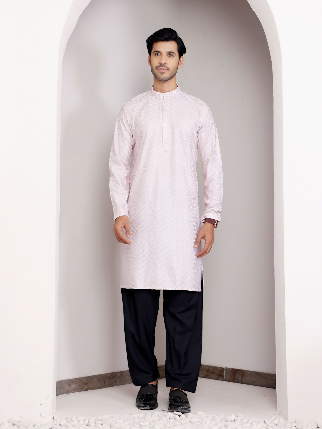 Light Pink Georgette Designer Chikankari Embroidery Work Men's Kurta - Mahotsav | Grocsy