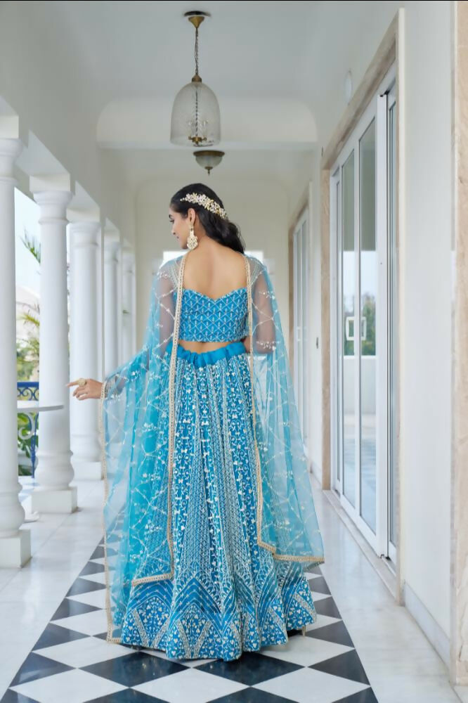 Aastha Fashion Sky Blue Butterfly Net White Cotton Thread Work And Sequence Work Embroidery Wedding Wear Lehenga Choli | Grocsy