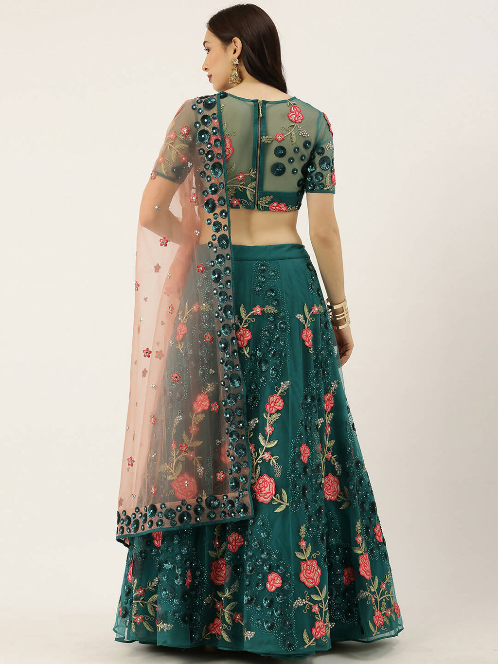 House of Panchhi Teal Net Semi stitched Coding, Sequins and Saroski Stone Work Lehenga Choli | Grocsy