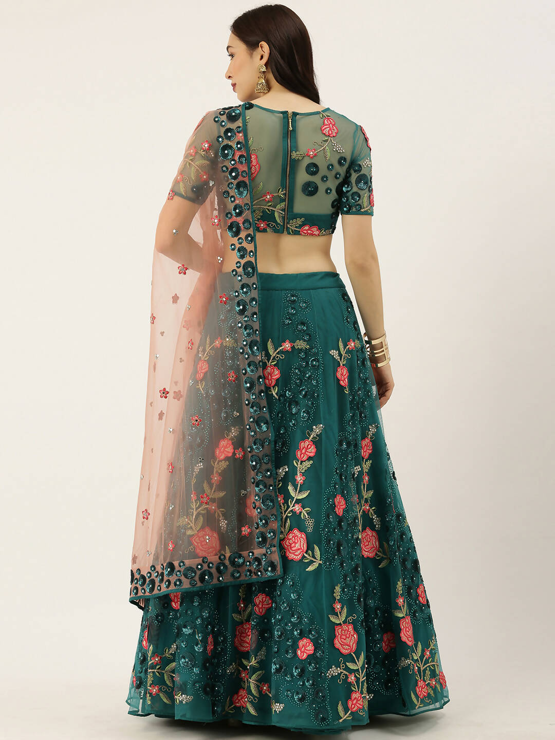 House of Panchhi Teal Net Semi stitched Coding, Sequins and Saroski Stone Work Lehenga Choli | Grocsy