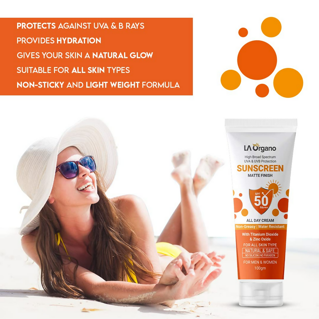 LA Organo Sunscreen Matte Finish All Day Cream SPF 50 PA+++ UVA/UVB Protection | Grocsy