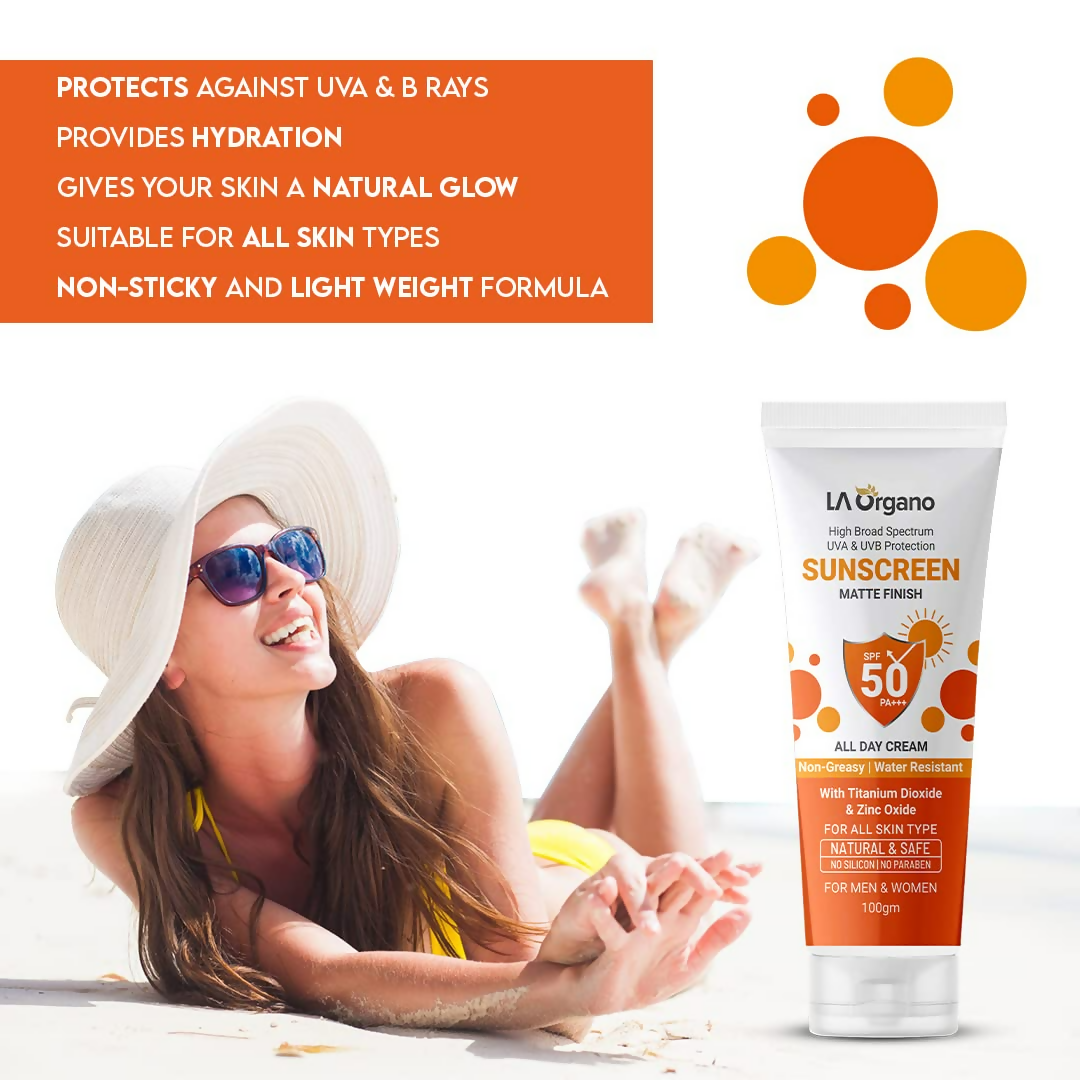 LA Organo Sunscreen Matte Finish All Day Cream SPF 50 PA+++ UVA/UVB Protection | Grocsy