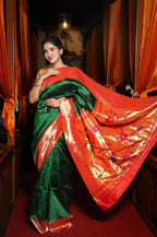 Very Much Indian Triple Muniya Border Paithani- Authentic Handloom Pure Silk With Parrots Pallu - Zari Stripes | Grocsy