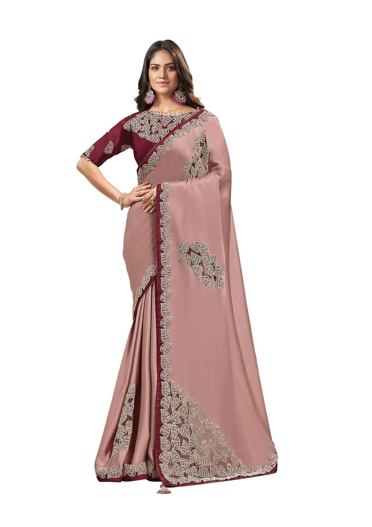 Rose Pink Silk Satin Embroidered Saree With Unstitched Blouse Piece - Norita Ikshita | Grocsy