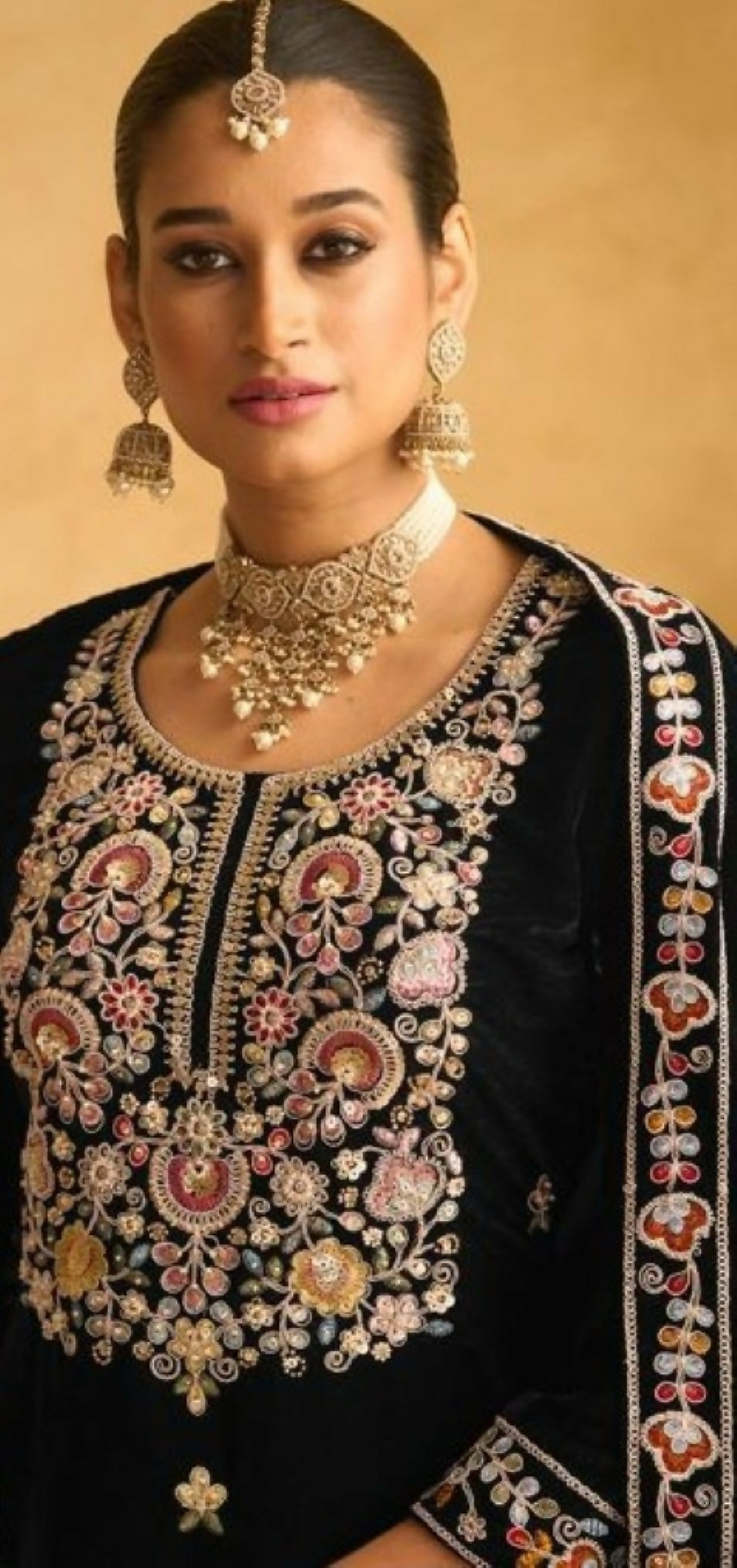 Anaita Black Embroidered with Beads Velvet Stitched Plazo Suit | Grocsy