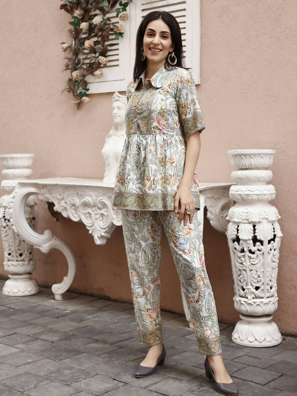 Off White Rayon Paisley Printed Top with Matching Bottom - Eesha | Grocsy