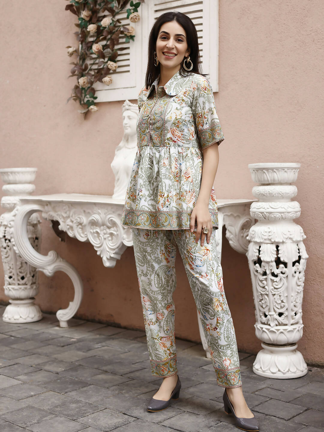 Off White Rayon Paisley Printed Top with Matching Bottom - Eesha | Grocsy
