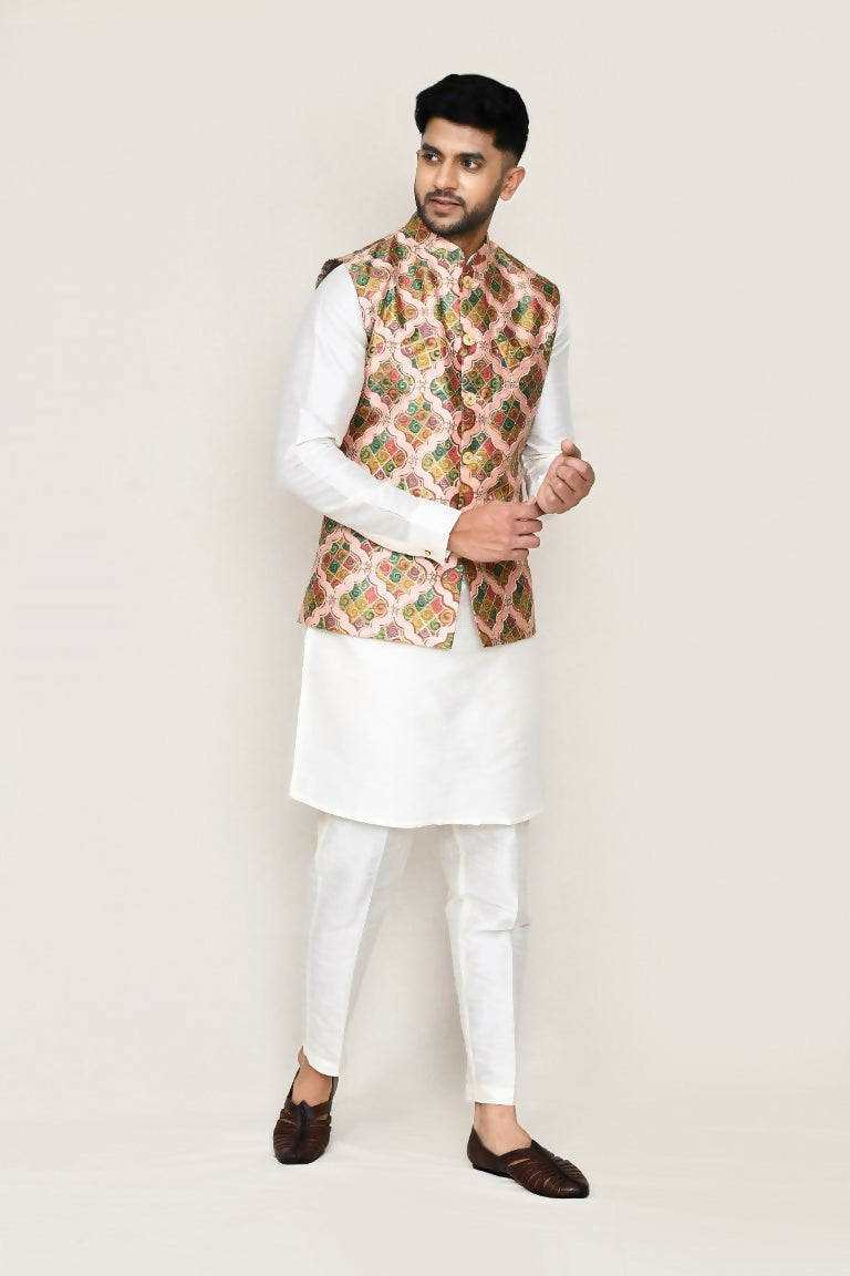 Joban Fashion White Colored Art Silk Fabric Kurta, Jacket With Straight Fit Pant | Grocsy