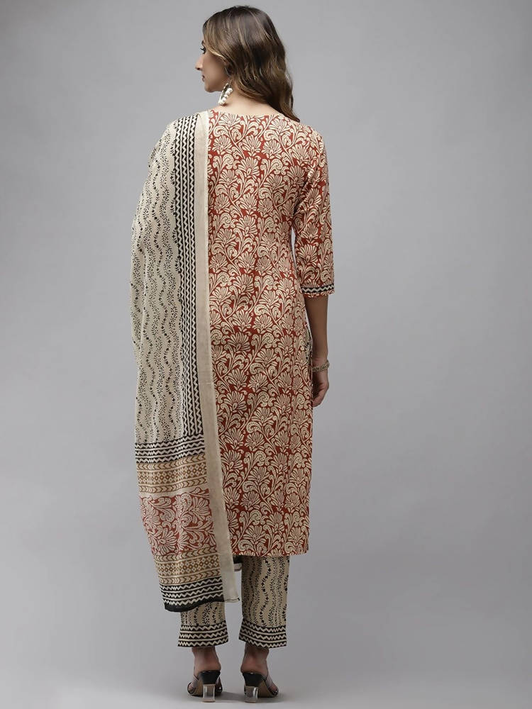 Yufta Women Beige Ethnic motifs Printed Kurta with Trouser & With Dupatta | Grocsy